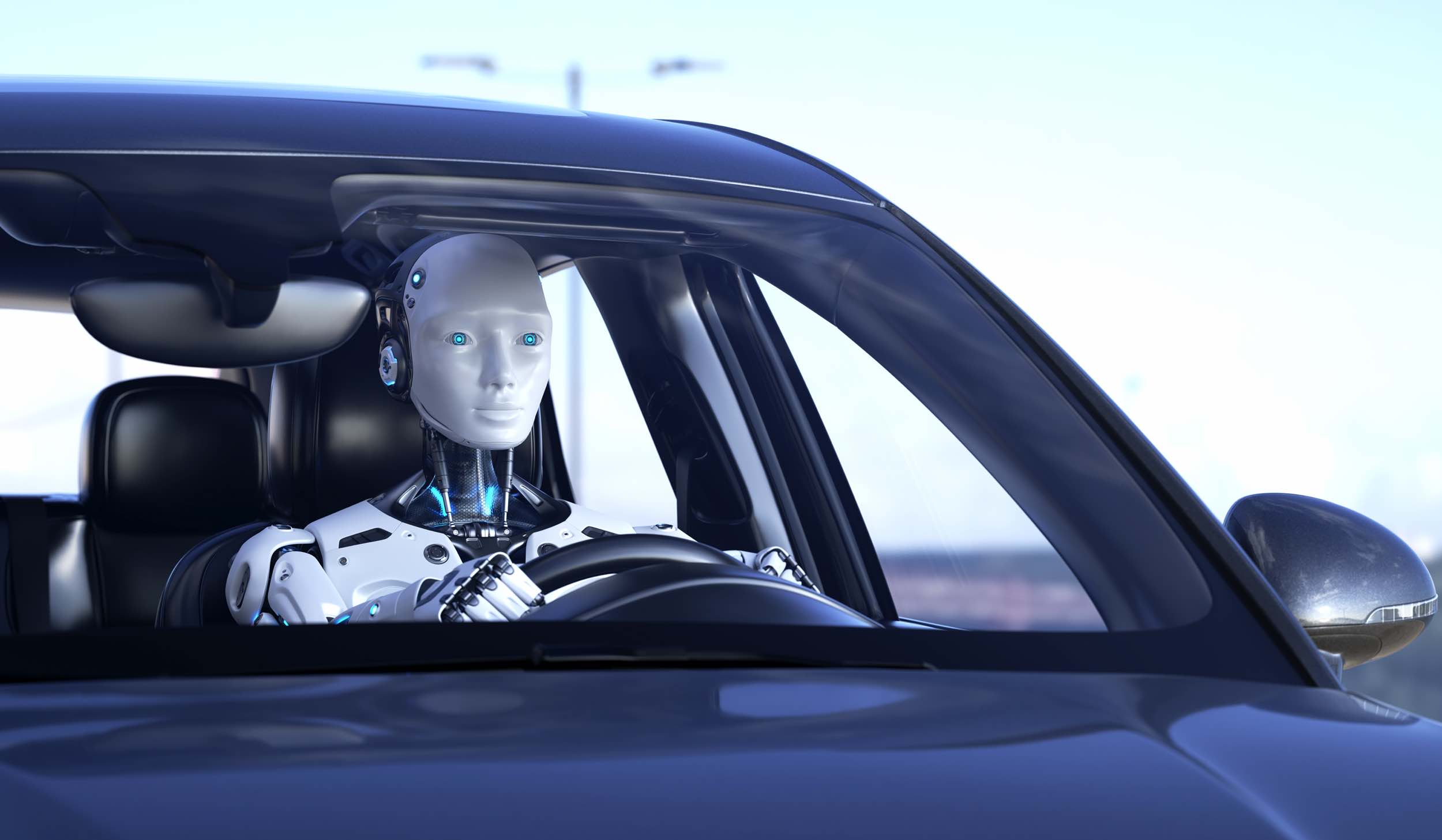 Robot jedzie samochodem, futurystyczna ilustracja do artykułu