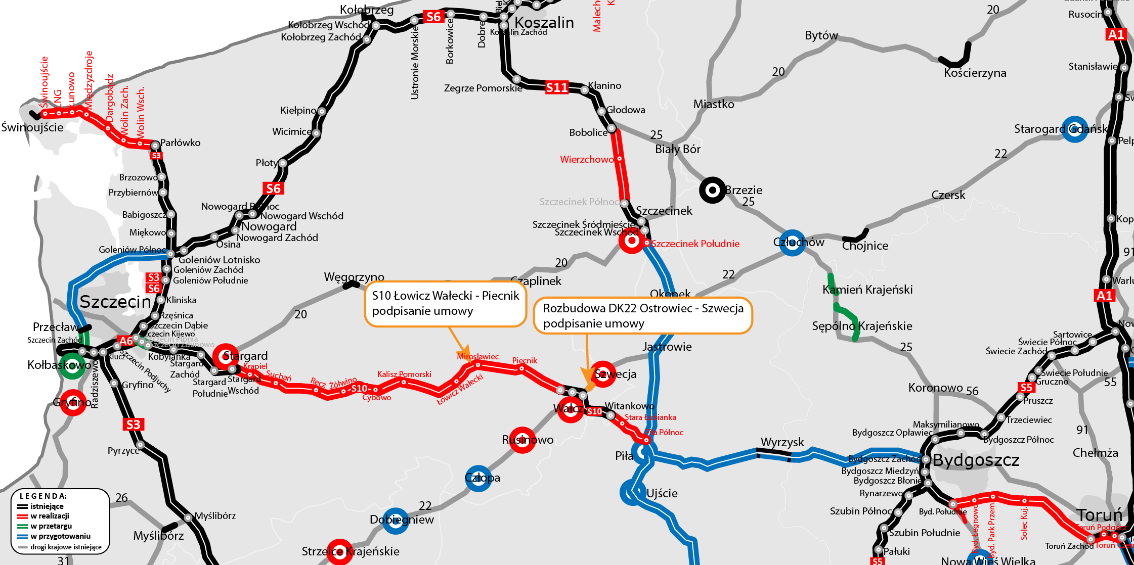 Mapa S10 Łowicz Wałecki – Piecnik oraz DK22 Ostrowiec – Szwecja