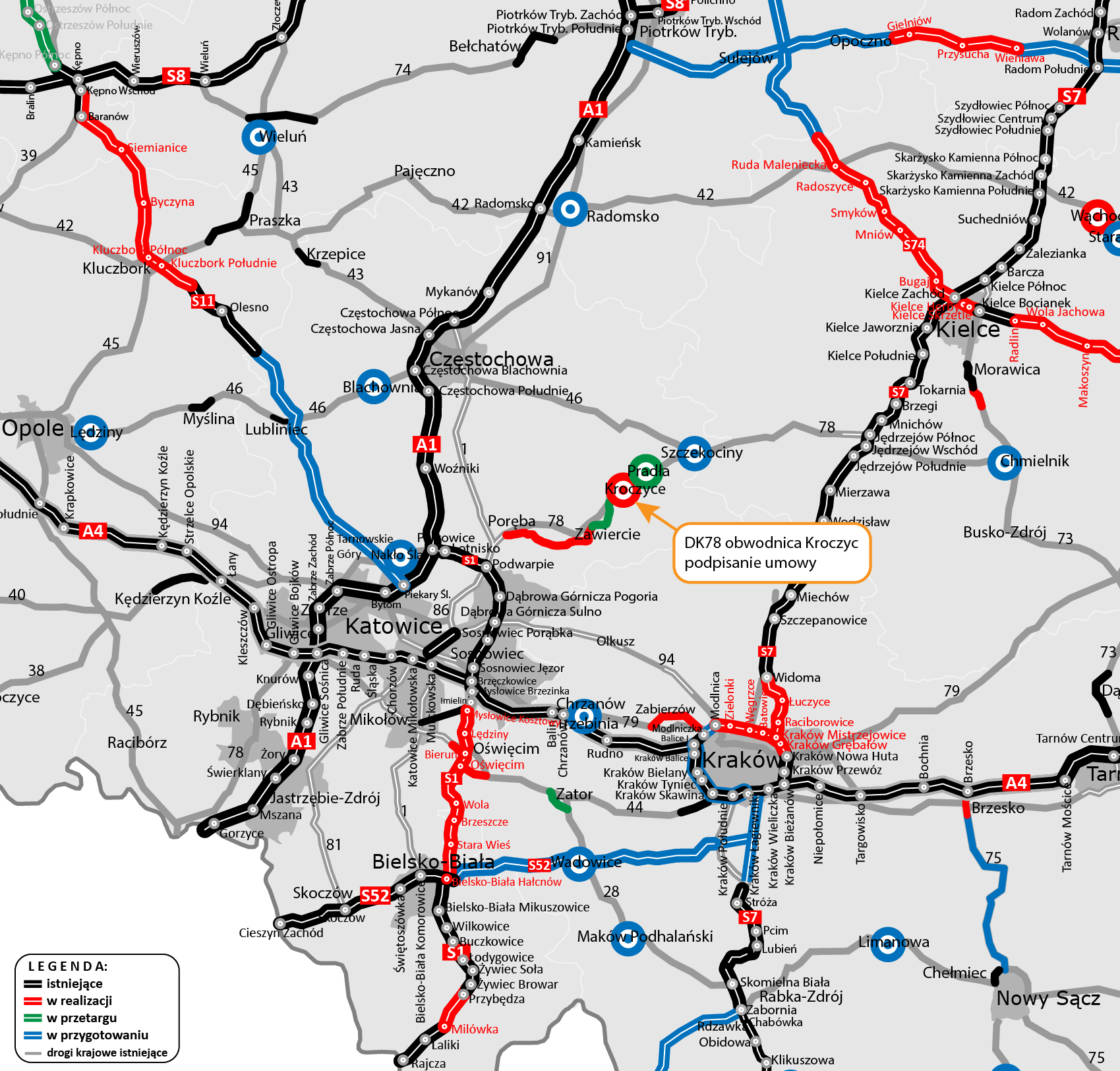 Mapa stanu budowy dróg krajowych w województwie śląskim