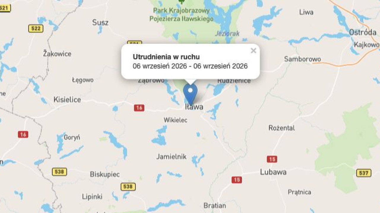 DK16 zamknięta w Iławie. GDDKiA wyznaczyła objazd do 14:45