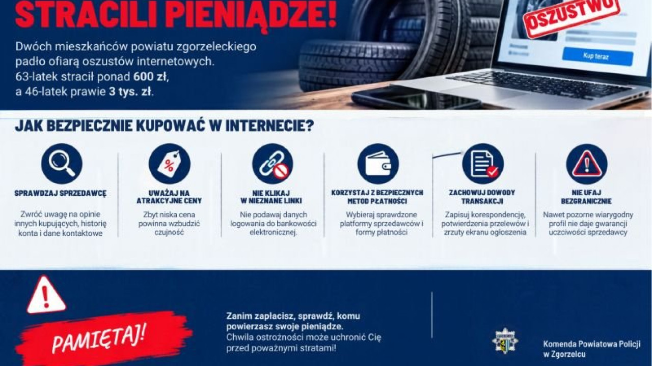 Kupili opony przez internet i stracili łącznie prawie 3,6 tys. zł. Policja bada dwa oszustwa