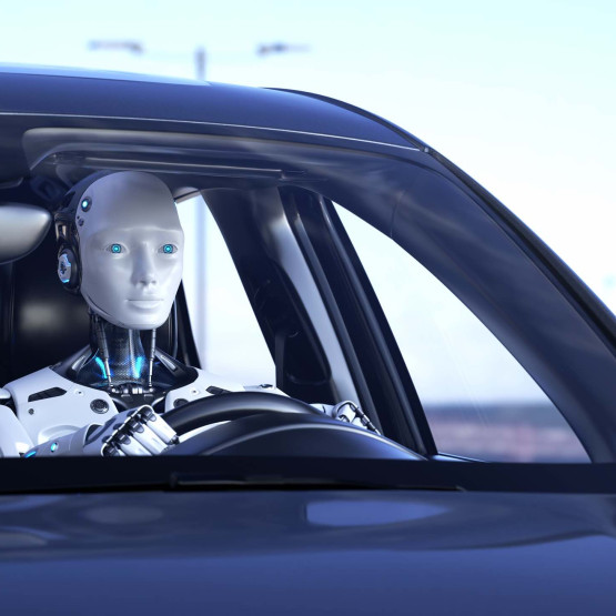 Robot jedzie samochodem, futurystyczna ilustracja do artykułu