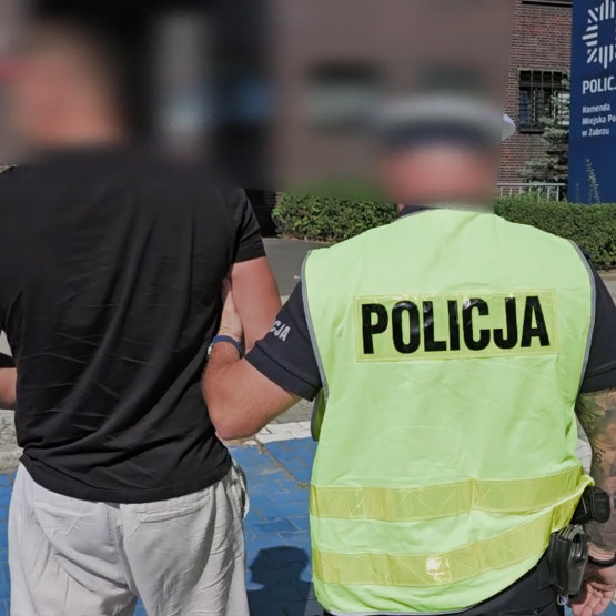 Policjanci prowadzą zatrzymanego mężczyznę; klatka z wideo na slaska.policja.gov.pl