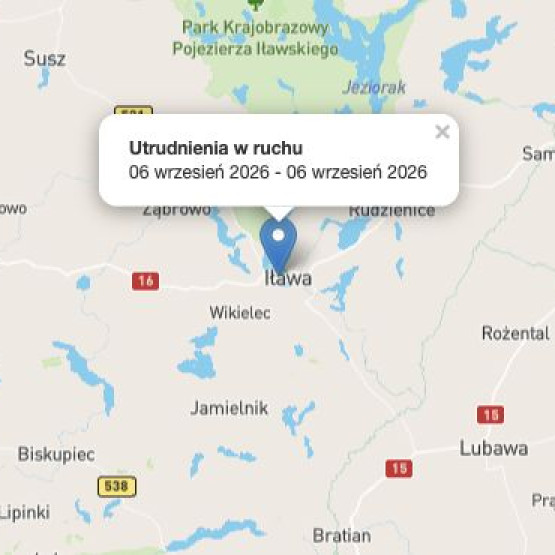 Zrzut ekranu mapy z zaznaczonym miejscem utrudnienia na DK16 w Iławie. Źródło: drogi.gddkia.gov.pl