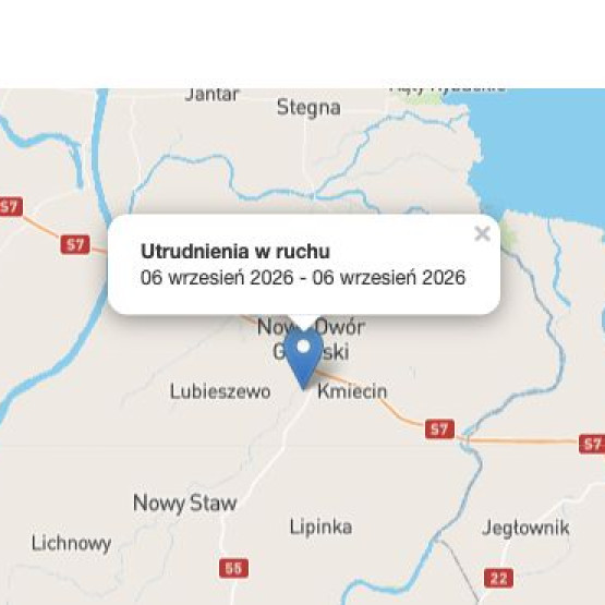 Zrzut ekranu mapy z zaznaczonym miejscem utrudnienia na DK55 między Rychnowem Żuławskim a Malborkiem. Źródło: drogi.gddkia.gov.pl