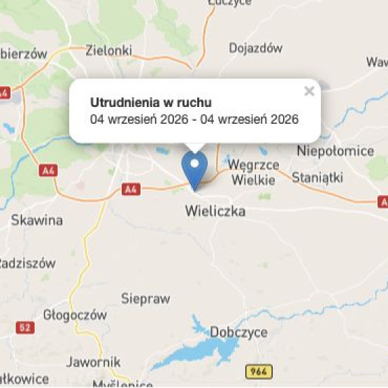 Zrzut ekranu mapy z zaznaczonym miejscem utrudnienia na drodze 94g w Wieliczce. Źródło: drogi.gddkia.gov.pl