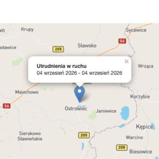 Zrzut ekranu mapy z zaznaczonym miejscem utrudnienia na S6 między Koszalinem a Słupskiem. Źródło: drogi.gddkia.gov.pl