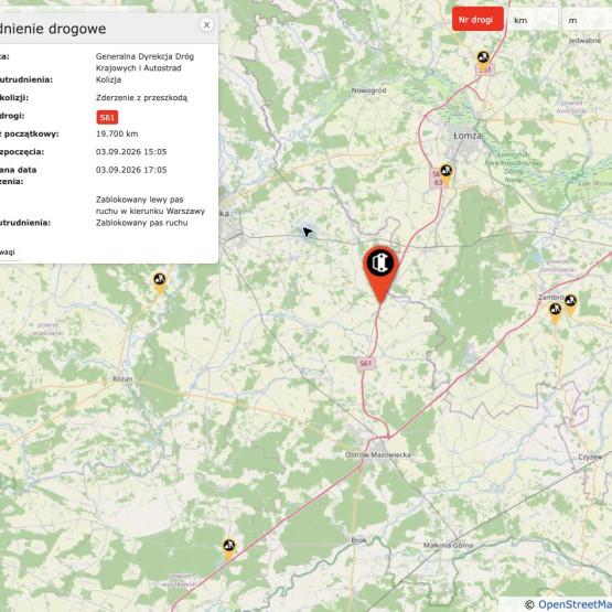 Zrzut ekranu mapy z zaznaczonym miejscem utrudnienia na S61 między węzłami Śniadowo i Komorowo. Źródło: drogi.gddkia.gov.pl