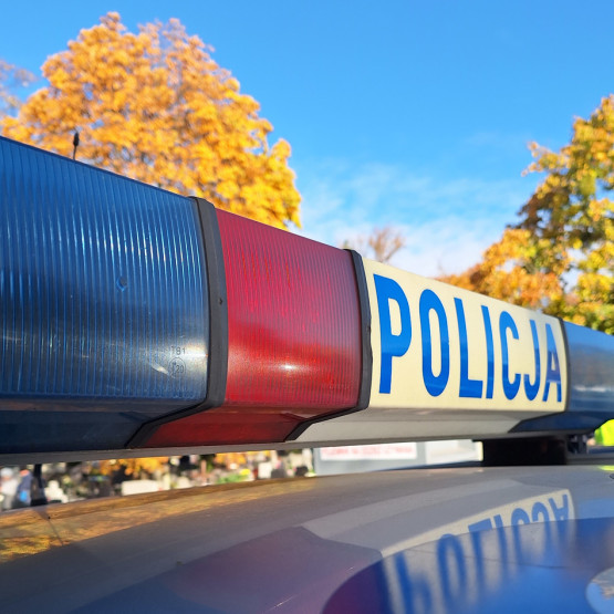 Belka świetlna radiowozu na tle jesiennych drzew; zdjęcie: torun.policja.gov.pl