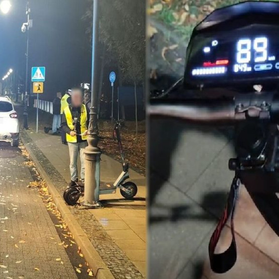 Miejsce wypadku z udziałem hulajnogi elektrycznej i jej wyświetlacz pokazujący 89 km/h, fot. radzyn-podlaski.policja.gov.pl