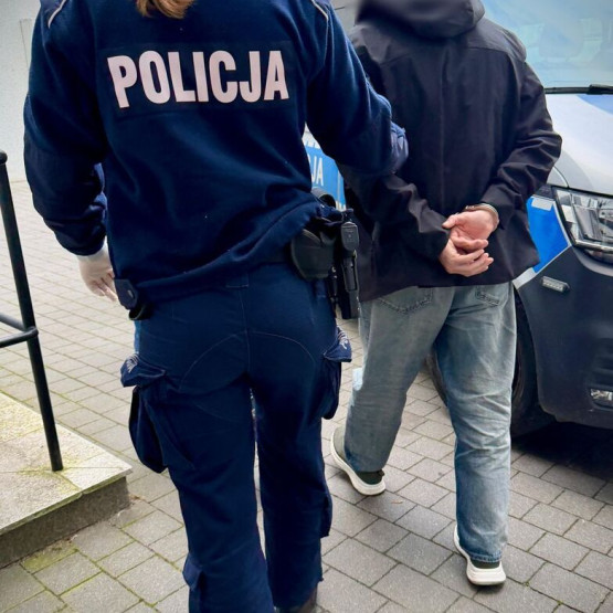 Policjantka prowadzi zatrzymanego mężczyznę przy radiowozie; zdjęcie gdansk.policja.gov.pl